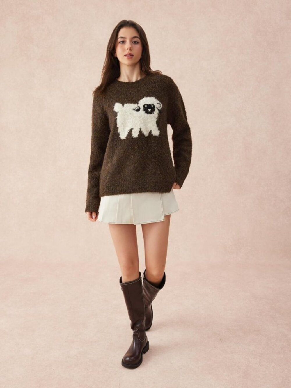 Cozy Oversized Wool Blend Sweater for Women | Cute Sheep Pattern Pullover - Picture 6 of 8